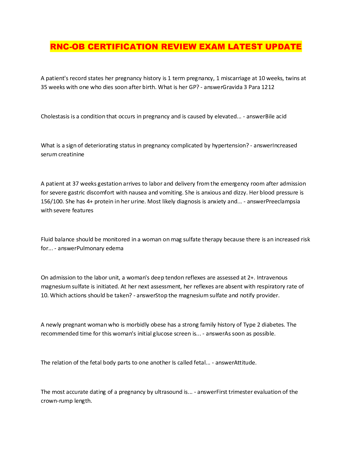 Preview image of RNC-OB CERTIFICATION REVIEW EXAM LATEST UPDATE document